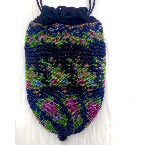 Circa 1910 Antique Floral Micro-Beads (Glass) Silk Drawstring Reticule - Picture 1 of 9